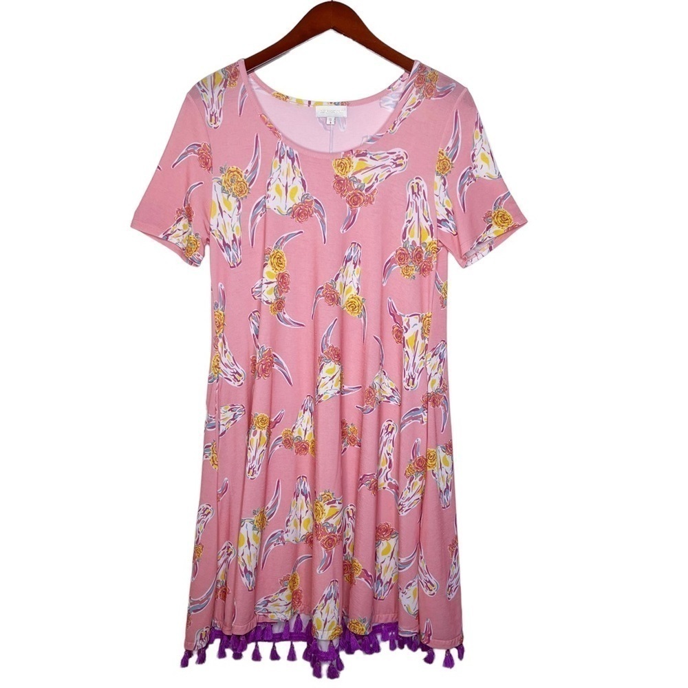 SIMPLY  SOUTHERN Floral Tassel Dress Size Small in Boho Bull Cow Pink Print